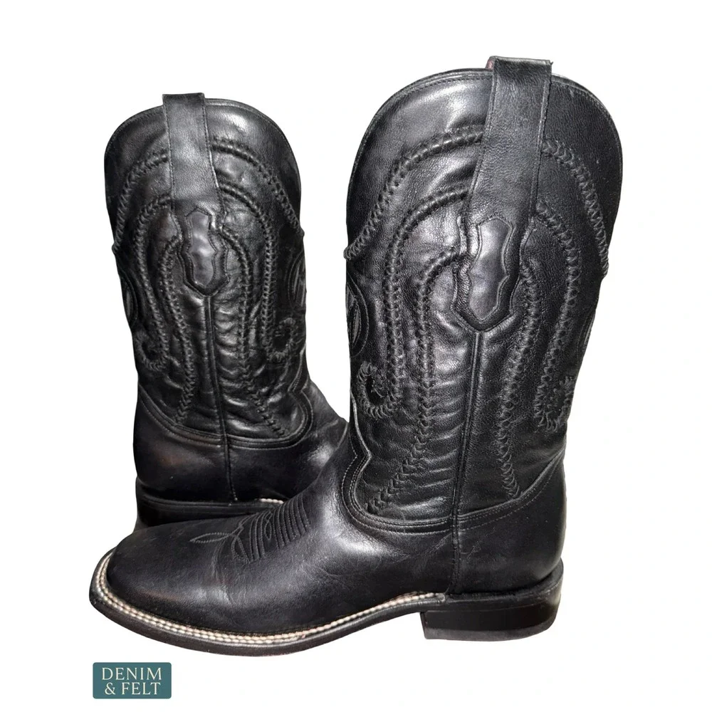 NEW Montana Black Leather Western Cowboy Boots Square Toe Ranch Rodeo US 9D Mens